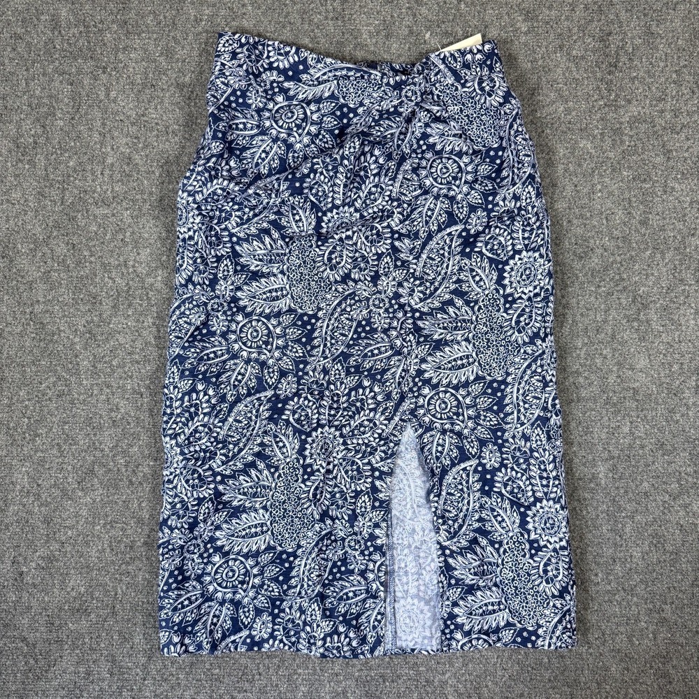 NWT Madewell Linen-Blend Knotted Midi Skirt in Paisley Garden Blue Boho Size 2